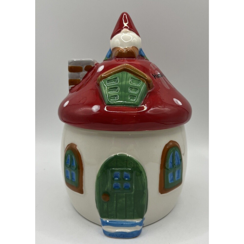 Whimsical Mushroom Gnome Hand Painted Ceramic Candy Cookie Snack Jar Christmas